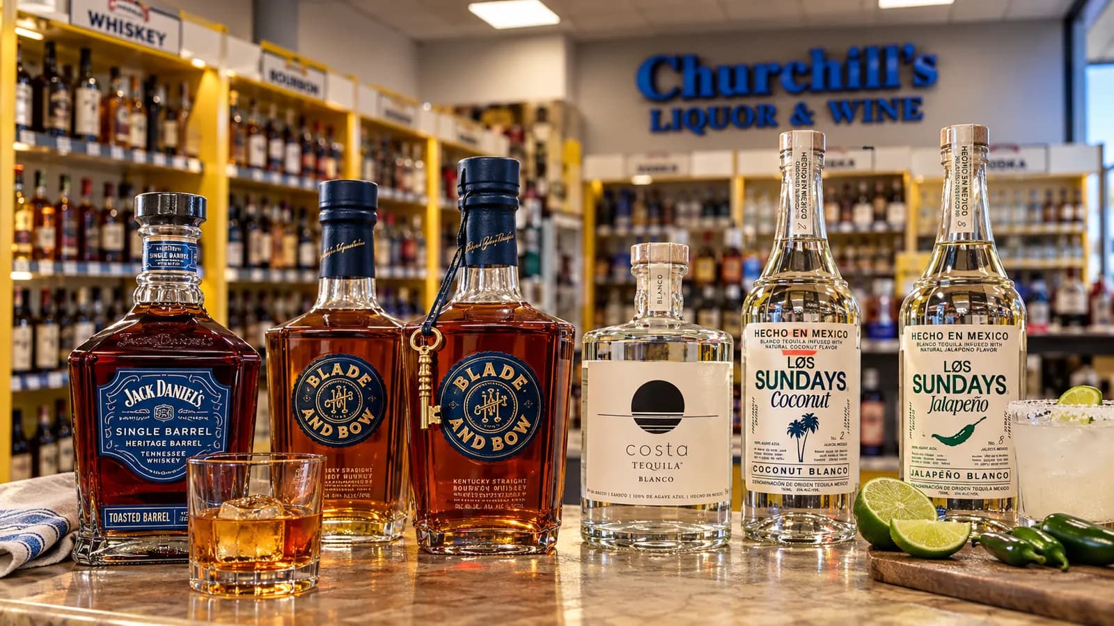 Bourbon and whiskey bottles lined up on the counter in front of Churchill's shelves