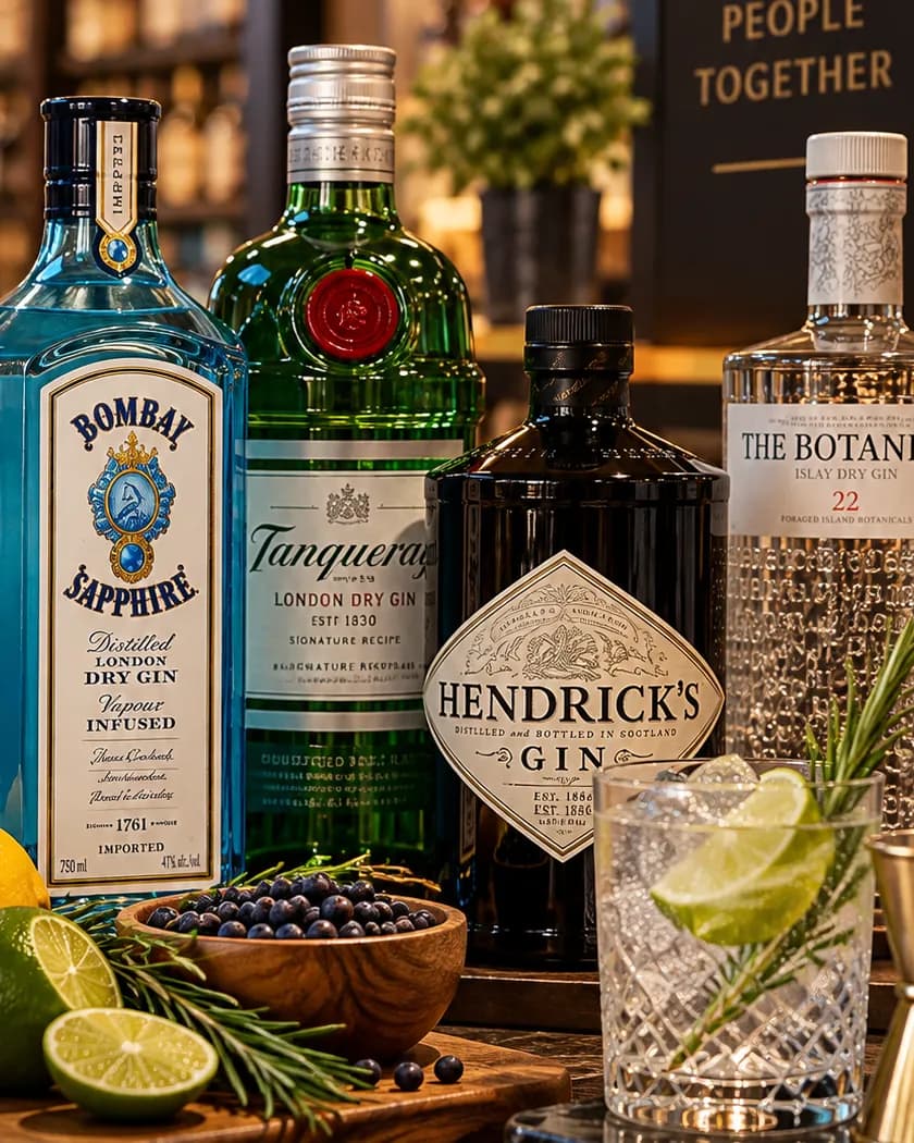 Bombay Sapphire, Tanqueray, Hendrick's and The Botanist gin with juniper, limes and a gin and tonic