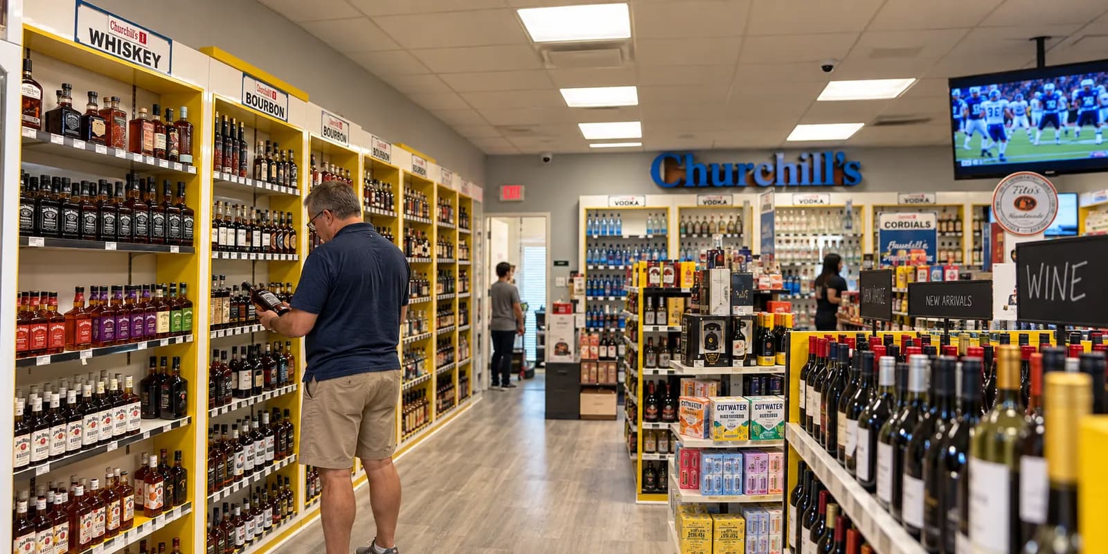 Rows of wine bottles on the right side of the store