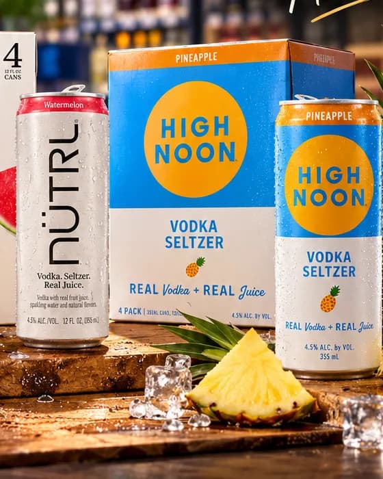 Nütrl watermelon and High Noon pineapple vodka seltzers with fresh fruit