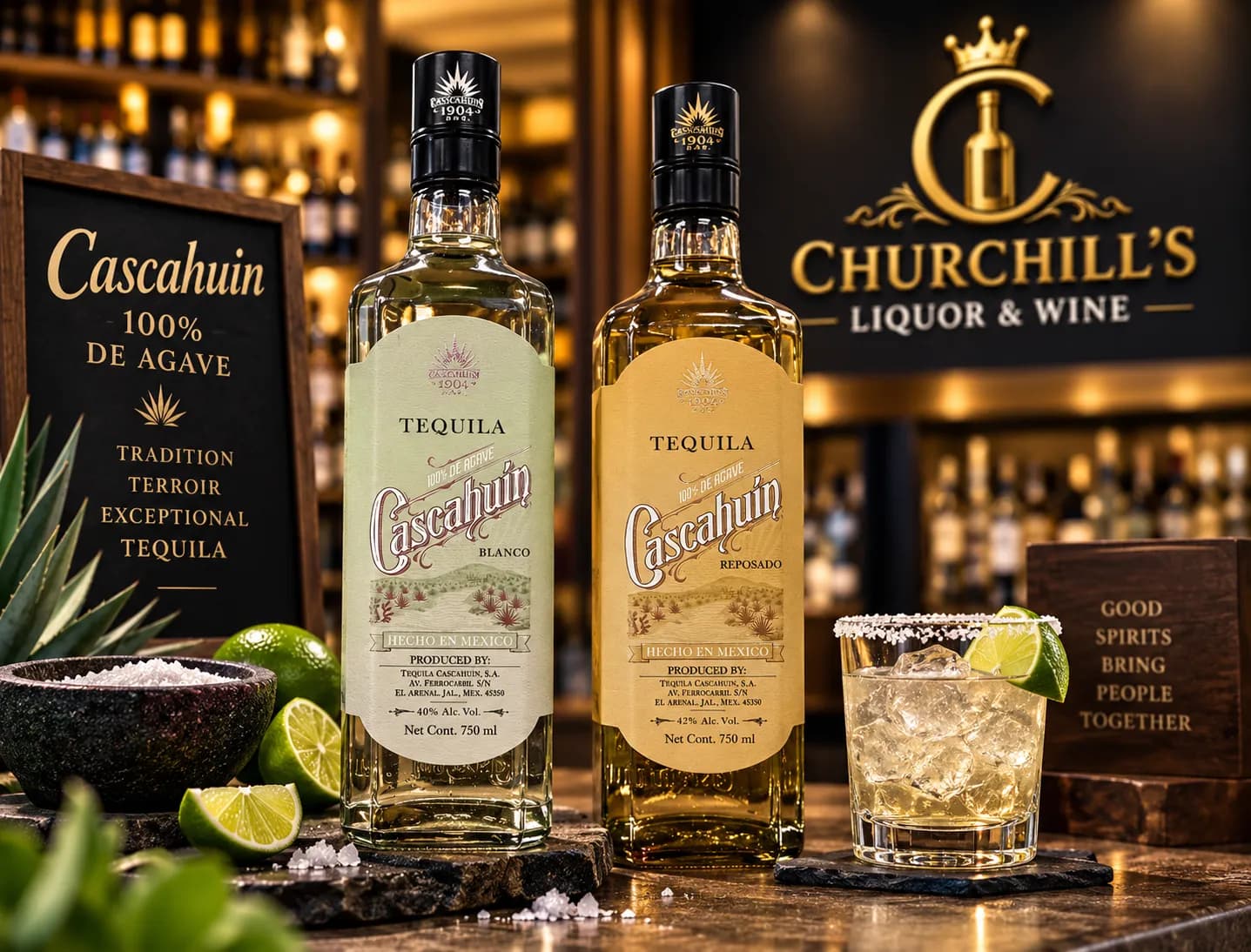 Two bottles of Cascahuin tequila with limes and a margarita under the Churchill's sign