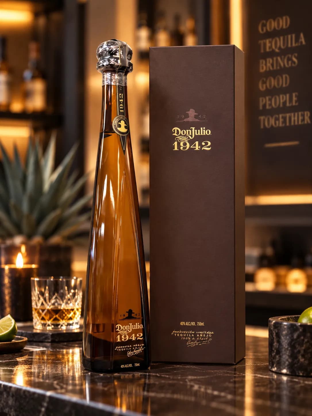 Bottle of Don Julio 1942 tequila with its gift box on a bar