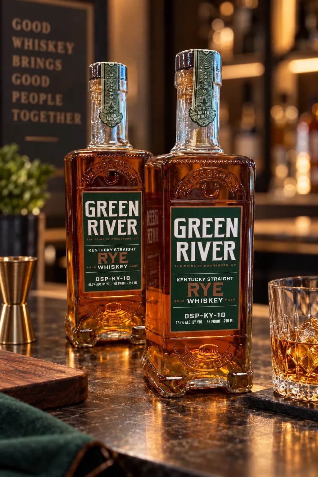 Two bottles of Green River rye whiskey beside a glass on a bar